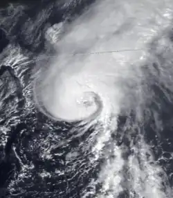 A satellite image of a tropical storm over the northwestern portion of the Atlantic basin