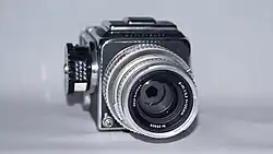 500C with Zeiss S-Planar 5.6/120 (C chrome barrel, not multicoated)