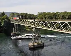 Heritage train on the Hemishofen railway bridge over the River Rhine