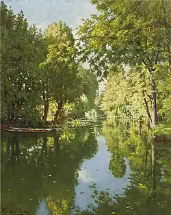 Henri Biva, Punts moored on still waters, oil on canvas, 61 x 50&nbsp;cm