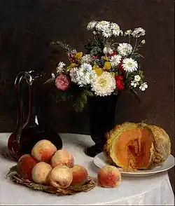 Still Life with a Carafe, Flowers and Fruit (1865)