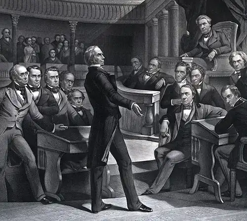 An engraving of Henry Clay speaking in the Old Senate Chamber with Fillmore seated in the upper right