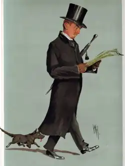coloured caricature of Henson in outdoor clothes, walking, with umbrella tucked under his arm and a small dog walking alongside him