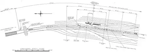 A pencil-drawn diagram showing approximately 30 sidings, evenly split between the top and bottom of the diagram; a railway line runs through the middle of the diagram.