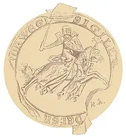Seal of Haakon as Duke (obverse), in known use 1292–98 (Norwegian coat of arms on reverse).