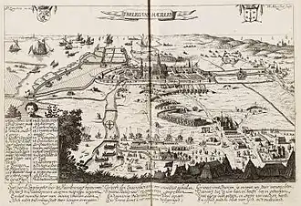 Print of the siege situation sketch at Haarlem in 1572, a bird's eye perspective from the North.