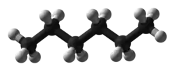 The 3d ball representation of hexane, with carbon (black) and hydrogen (white) shown explicitly.