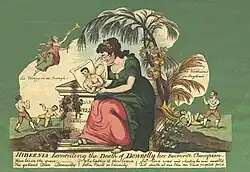 Hibernia weeping at Donnelly's grave, holding a drawing of his likeness.