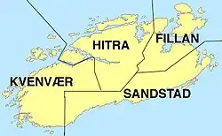 Map of the island of Hitra with the old municipal boundaries (originally Fillan also included Sandstad)