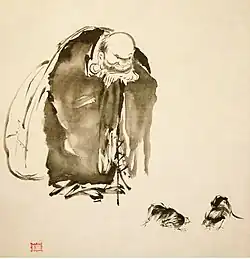 Painting of Hotei watching two cocks fighting, by the famous swordsman Miyamoto Musashi (1584–1645)