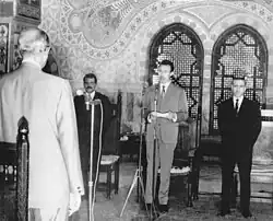 President Houari Boumediene, Foreign Minister Abdelaziz Bouteflika and Chief of Staff Djelloul Khatib, presentation of diplomatic credentials by the Ambassador of the United States, Palais du Peuple, Algiers, 1967