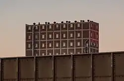A train in Humboldt Yard passes by the SOO Line terminal elevator.
