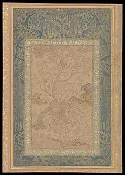 Tinted drawing of a hawk attacking a heron in landscape. From an muraqqa for Muhammad Quli Qutb Shah. Possibly Iran, c. 1550-1600