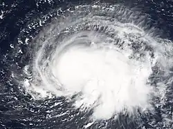 Satellite image of a tropical storm. An eye feature is invisible at this point.