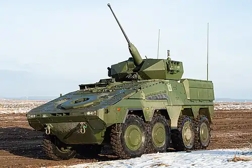 An armoured fighting vehicle Vilkas (Lithuanian variant of Boxer) with the Columns of the Gediminids