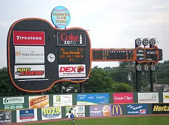A black guitar-shaped scoreboard towers over the left-center field wall.
