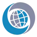 A stylized globe, colored in blue and grey, is wrapped by two large, interlocking crescent swooshes in the same colors.