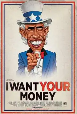 Caricature of United States President Barack Obama wearing an Uncle Sam hat and blue jacket point his right-hand index finger at the viewer above the title of movie.
