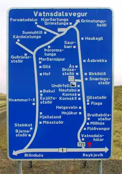 The typeface is in use on Icelandic road signs. This example shows the locations of villages and farms in a rural area of the country.