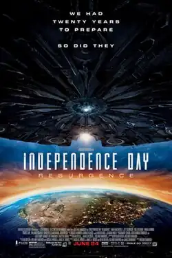 A huge alien spacecraft in space over North America with a beaming light with the film's title and credits below, the tagline reads. "We had twenty years to prepare, so did they".