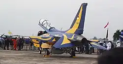 Indonesian Air Force KAI T-50i Golden Eagle at display during an airshow at Halim Perdanakusuma Air Force Base