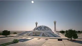 Computer-generated graphic of the mosque from ground level