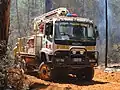 High lift fire appliance Izusu 750 (HL3 – Perth Hills 49) at 100 Years Old Forest prescribed burning, Donnelly State Forest, January 2017.