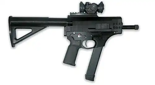 A 3D-printed FGC-9 pistol caliber carbine. The rifle was developed in 2020.