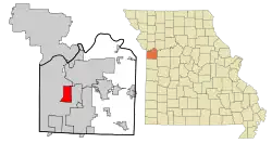 Location of Raytown in Jackson County and Missouri