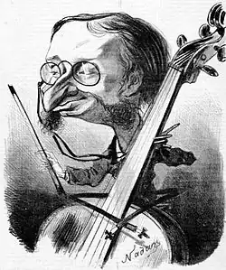 sketch of gaunt, beaky, bewhiskered man, wearing Pince-nez eyeglasses, with a cello