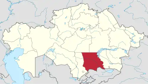 Map of Kazakhstan, location of Jambyl Province highlighted