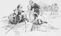 Ladies in a boat, landing on shore to be greeted by Jamestown men