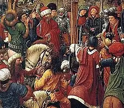 Oriental looking onlookers gather at the base of the cross.