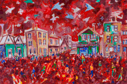 Colourful watercolour painting depicting a crowd of people celebrating in the street.