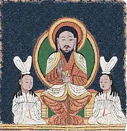 Reconstruction of the enthroned Jesus (Yišō) image on a Manichaean temple banner from c. 10th-century Qocho (East Central Asia)
