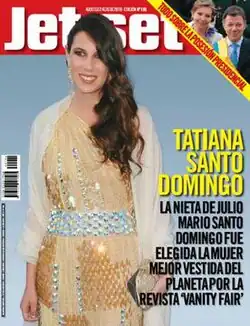 Front cover of issue 196 of Jet-Set featuring heiress and socialite Tatiana Santo Domingo on the lower right side it reads "Tatiana Santo Domingo, granddaughter of Julio Santo Domingo was chosen World's Best Dressed Woman by Vanity Fair magazine". On the upper right hand corner a small picture of Colombia's then-newly inaugurated president Juan Manuel Santos Calderón and his wife First Lady María Clemencia Rodríguez Múnera to his left, bordered on the left with a yellow ban going from left to right diagonally from the top that reads "All about the presidential inauguration".