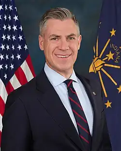 Official Senate portrait of Banks smiling in front of the U.S. and Indiana flags, wearing a black suit with gold lapel pin, light blue shirt, and striped black and red tie.