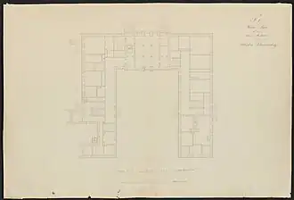 Ground floor plan (facing south) - The east wing on the left has been rebuilt as a large hall after the Second World War