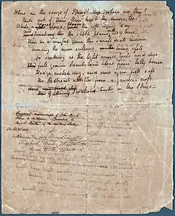 A white sheet of paper that is completely filled with a poem in cursive hand writing. A few of the words are crossed out, with other words written above as corrections. Words can be partly seen from the other side of the page but they are illegible. A note midway down the page describes that it is an "Original manuscript of John Keats's Poem to Autumn."