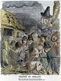 The harfoots in The Rings of Power speak in Irish accents and have been said to resemble John Leech's Irish peasants, as in his cartoon "Justice to Ireland".[49]