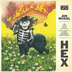 A cartoon of a centaur-like creature in a field with a house on fire behind it and a skeleton costume