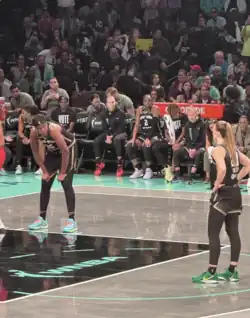 Jonquel Jones on the court with Sabrina Ionescu at the New York Liberty vs the Las Vegas Aces, September 8, 2024