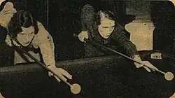 Joyce Gardner and Ruth Harrison at a billiard table