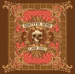 A skull on a design suggestive of an antique leather book cover