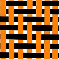 Simple diagram of black weft threads being woven under two orange warp threads then over two of the warp threads