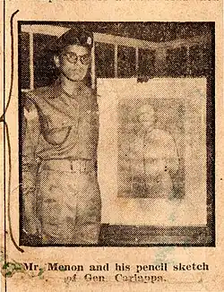 A photograph of Menon with the sketch of General Cariappa that started his career, published in The Evening News of India newspaper (October 30, 1952)[1]