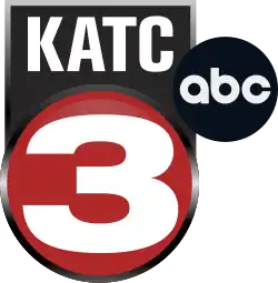 A black rectangle trimmed in silver, with white condensed sans serif letters "KATC", extending down to meet a red circle with silver trim containing a large white numeral 3. The ABC network logo is attached on the upper right side.