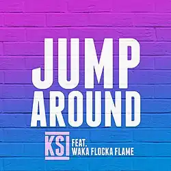 The title "Jump Around" appears in large white font in the centre of a purple and blue gradient background, with the artists' names in light purple font below.