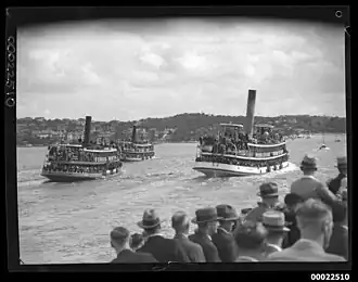 Kaikai (left) following the sailing races with Kulgoa (middle) and Koompartoo (right), late 1930s
