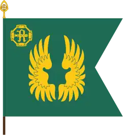 The colour of the Kainuu Jaeger Battalion, part of the Kainuu Brigade, follows the traditional swallow-tailed format of infantry units. The flag features the family crest of the founder of the city of Kajaani, count Brahe, as well as the symbol of the 14th Division which formed and fought nearby.